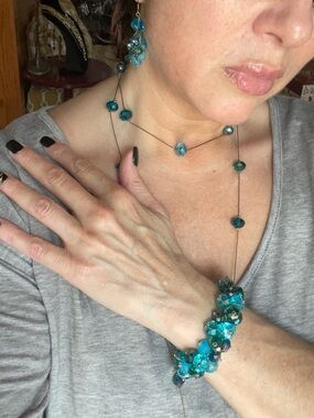 Blue Crystal Station Necklace Bracelet Earrings Jewelry Set